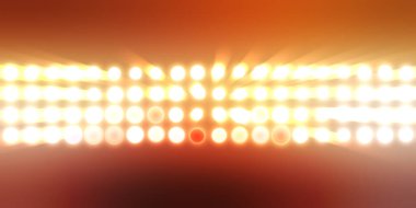 Parlak desenli duvar kağıdı. Sahne ışıkları olan renkli ışıkların ihtişamlı arkaplanı. Parlayan ışıklar siyah arka planda parti izleri. Sahne veya stadyum ışıklarının dijital illüstrasyonu. 