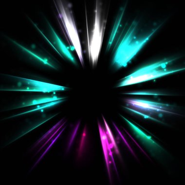 Işık huzmeleri ve parlayan parçacıkların kesiştiği güzel bir zemin. Canlı renkli ışıkların duvar kâğıdı. Parlak ışık görüntüsü.