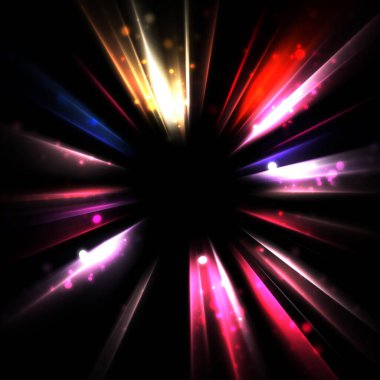 Işık huzmeleri ve parlayan parçacıkların kesiştiği güzel bir zemin. Canlı renkli ışıkların duvar kâğıdı. Parlak ışık görüntüsü.