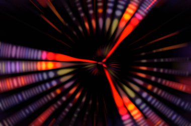 Siyah arkaplanda dönen ışık gösterisi. Lüks çizgiler. Parlak kıvrımlı duvar kağıdı. Uzay tüneli. Dönen ışık çemberi ya da maytap izi. Parlak konsept çizimi.