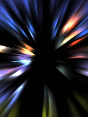 Siyah arkaplanda izole edilmiş dinamik ışık ışınları. Parlayan renkli ışık parçacıklarının grafiksel 2d çizimi.