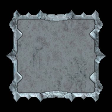 Gelecekçi tasarım şablonu. Metal paslı tabak menüsü. Teknoloji afişi beyaz arkaplanda izole edildi. Bilim kurgu elemanı grafiği. Metalik paslanmış 3 boyutlu illüstrasyon.  