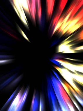 Siyah arkaplanda izole edilmiş dinamik ışık ışınları. Parlayan renkli ışık parçacıklarının grafiksel 2d çizimi.