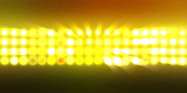 Parlak desenli duvar kağıdı. Sahne ışıkları olan renkli ışıkların ihtişamlı arkaplanı. Parlayan ışıklar siyah arka planda parti izleri. Sahne veya stadyum ışıklarının dijital illüstrasyonu. 