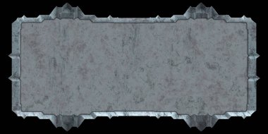 Gelecekçi tasarım şablonu. Metal paslı tabak menüsü. Teknoloji afişi beyaz arkaplanda izole edildi. Bilim kurgu elemanı grafiği. Metalik paslanmış 3 boyutlu illüstrasyon.  