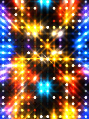 Parlayan ışıklar siyah arka planda parti izleri. Sahne veya stadyum ışıklarının dijital illüstrasyonu. Parlak desenli duvar kağıdı. Sahne ışıkları ile renkli ışıkların ihtişamlı arkaplanı.