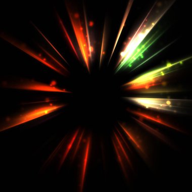 Işık huzmeleri ve parlayan parçacıkların kesiştiği güzel bir zemin. Canlı renkli ışıkların duvar kâğıdı. Parlak ışık görüntüsü.