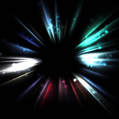Işık huzmeleri ve parlayan parçacıkların kesiştiği güzel bir zemin. Canlı renkli ışıkların duvar kâğıdı. Parlak ışık görüntüsü.