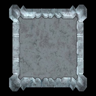 Gelecekçi tasarım şablonu. Metal paslı tabak menüsü. Teknoloji afişi beyaz arkaplanda izole edildi. Bilim kurgu elemanı grafiği. Metalik paslanmış 3 boyutlu illüstrasyon.  