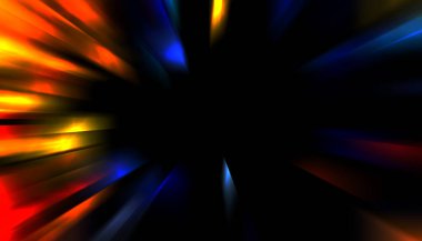 Siyah arkaplanda izole edilmiş dinamik ışık ışınları. Parlayan renkli ışık parçacıklarının grafiksel 2d çizimi.
