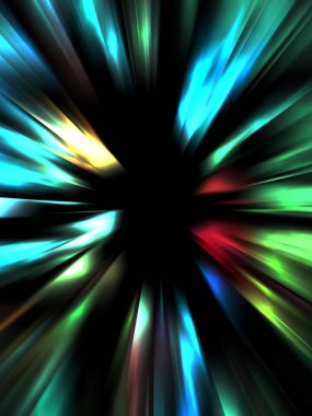 Siyah arkaplanda izole edilmiş dinamik ışık ışınları. Parlayan renkli ışık parçacıklarının grafiksel 2d çizimi.