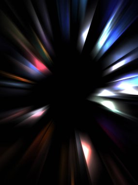 Siyah arkaplanda izole edilmiş dinamik ışık ışınları. Parlayan renkli ışık parçacıklarının grafiksel 2d çizimi.