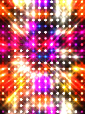Parlayan ışıklar siyah arka planda parti izleri. Sahne veya stadyum ışıklarının dijital illüstrasyonu. Parlak desenli duvar kağıdı. Sahne ışıkları ile renkli ışıkların ihtişamlı arkaplanı.