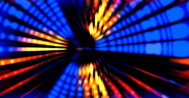 Siyah arkaplanda dönen ışık gösterisi. Lüks çizgiler. Parlak kıvrımlı duvar kağıdı. Uzay tüneli. Dönen ışık çemberi ya da maytap izi. Parlak konsept çizimi.