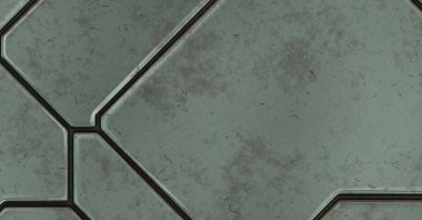 Gelecekçi kavramsal tasarım arka planı. Uzay gemisi desenli duvar kağıdı. Fırçalanmış teknoloji şablonu yüzeyi. Üç boyutlu illüstrasyon. SciFi panelleri duvar.