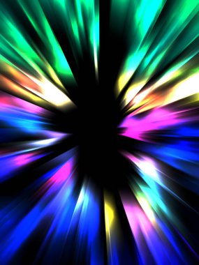 Siyah arkaplanda izole edilmiş dinamik ışık ışınları. Parlayan renkli ışık parçacıklarının grafiksel 2d çizimi.