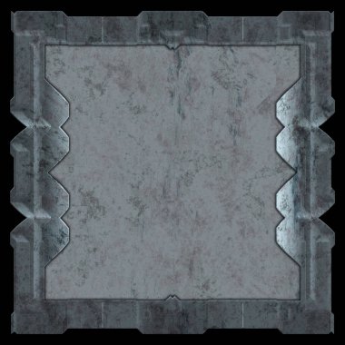 Gelecekçi tasarım şablonu. Metal paslı tabak menüsü. Teknoloji afişi beyaz arkaplanda izole edildi. Bilim kurgu elemanı grafiği. Metalik paslanmış 3 boyutlu illüstrasyon.  