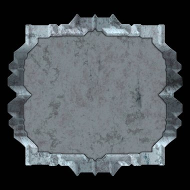 Gelecekçi tasarım şablonu. Metal paslı tabak menüsü. Teknoloji afişi beyaz arkaplanda izole edildi. Bilim kurgu elemanı grafiği. Metalik paslanmış 3 boyutlu illüstrasyon.  