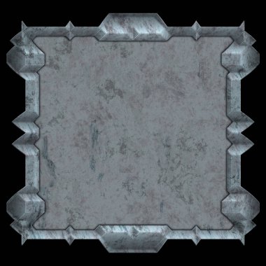 Gelecekçi tasarım şablonu. Metal paslı tabak menüsü. Teknoloji afişi beyaz arkaplanda izole edildi. Bilim kurgu elemanı grafiği. Metalik paslanmış 3 boyutlu illüstrasyon.  