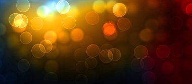 Kavramsal ışıklar duvar kağıdı. Güzel soyut çok renkli bokeh çemberleri parçacıklarla çevrili. Metninizi veya başlığınızı göstermek için boşluk ile odaklanmış olmayan canlı illüstrasyon. 