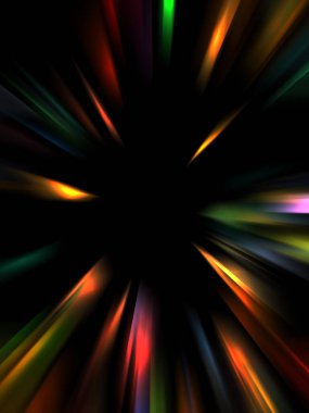 Siyah arkaplanda izole edilmiş dinamik ışık ışınları. Parlayan renkli ışık parçacıklarının grafiksel 2d çizimi.