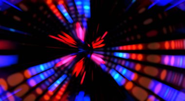 Siyah arkaplanda dönen ışık gösterisi. Lüks çizgiler. Parlak kıvrımlı duvar kağıdı. Uzay tüneli. Dönen ışık çemberi ya da maytap izi. Parlak konsept çizimi.