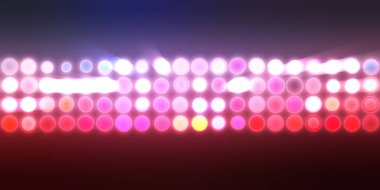 Parlak desenli duvar kağıdı. Sahne ışıkları olan renkli ışıkların ihtişamlı arkaplanı. Parlayan ışıklar siyah arka planda parti izleri. Sahne veya stadyum ışıklarının dijital illüstrasyonu. 