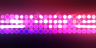 Parlak desenli duvar kağıdı. Sahne ışıkları olan renkli ışıkların ihtişamlı arkaplanı. Parlayan ışıklar siyah arka planda parti izleri. Sahne veya stadyum ışıklarının dijital illüstrasyonu. 