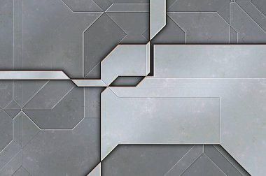 Katmanlı paneller. Fütürist soyut duvar kağıdı. Geometrik teknolojik yansıtıcı arka plan 3D metalik doku. Uzay gemisi desen yüzeyi.