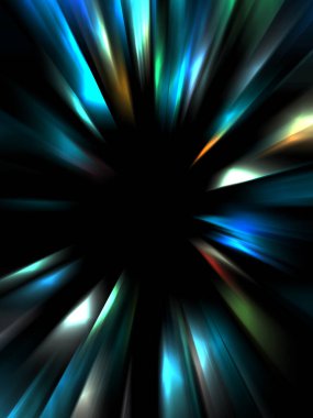 Siyah arkaplanda izole edilmiş dinamik ışık ışınları. Parlayan renkli ışık parçacıklarının grafiksel 2d çizimi.