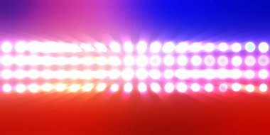 Parlak desenli duvar kağıdı. Sahne ışıkları olan renkli ışıkların ihtişamlı arkaplanı. Parlayan ışıklar siyah arka planda parti izleri. Sahne veya stadyum ışıklarının dijital illüstrasyonu. 