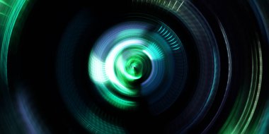 Fotoğraf makinesi konsepti. Soyut arkaplan. Dönen ışık ışınları. Hareketli kavramsal duvar kağıdı. Grafik dijital illüstrasyon. Parlayan neon ışıkları. Parlak sunum tasarım şablonu.