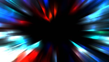 Siyah arkaplanda izole edilmiş dinamik ışık ışınları. Parlayan renkli ışık parçacıklarının grafiksel 2d çizimi.