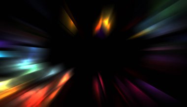 Siyah arkaplanda izole edilmiş dinamik ışık ışınları. Parlayan renkli ışık parçacıklarının grafiksel 2d çizimi.