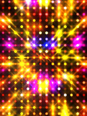 Parlayan ışıklar siyah arka planda parti izleri. Sahne veya stadyum ışıklarının dijital illüstrasyonu. Parlak desenli duvar kağıdı. Sahne ışıkları ile renkli ışıkların ihtişamlı arkaplanı.