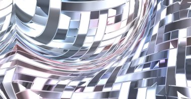 Metalik panel dokusunun 3 boyutlu çizimi. Renkli, parlak, soyut duvar kağıdı. Geometrik teknolojik parlak yansıtıcı arka plan. Yaratıcı parlak kavramsal arkaplan.