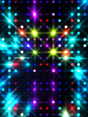 Parlayan ışıklar siyah arka planda parti izleri. Sahne veya stadyum ışıklarının dijital illüstrasyonu. Parlak desenli duvar kağıdı. Sahne ışıkları ile renkli ışıkların ihtişamlı arkaplanı.