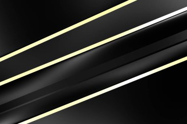 Metin için kopyalama alanı olan soyut siyah paneller. Üç boyutlu illüstrasyon. Renkli ışık özellikli koyu renk tasarım şablonu. Zarif geometrik parlak çizgili arka plan. Minimalist geometrik kapak grafiği.