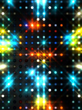 Parlayan ışıklar siyah arka planda parti izleri. Sahne veya stadyum ışıklarının dijital illüstrasyonu. Parlak desenli duvar kağıdı. Sahne ışıkları ile renkli ışıkların ihtişamlı arkaplanı.