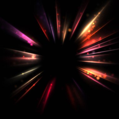 Işık huzmeleri ve parlayan parçacıkların kesiştiği güzel bir zemin. Canlı renkli ışıkların duvar kâğıdı. Parlak ışık görüntüsü.