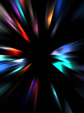 Siyah arkaplanda izole edilmiş dinamik ışık ışınları. Parlayan renkli ışık parçacıklarının grafiksel 2d çizimi.