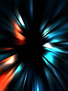 Siyah arkaplanda izole edilmiş dinamik ışık ışınları. Parlayan renkli ışık parçacıklarının grafiksel 2d çizimi.