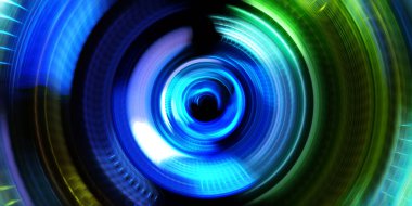 Fotoğraf makinesi konsepti. Soyut arkaplan. Dönen ışık ışınları. Hareketli kavramsal duvar kağıdı. Grafik dijital illüstrasyon. Parlayan neon ışıkları. Parlak sunum tasarım şablonu.