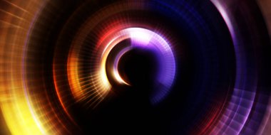 Parlayan neon ışıkları. Parlak sunum tasarım şablonu. Fotoğraf makinesi konsepti. Soyut arkaplan. Dönen ışık ışınları. Hareketli kavramsal duvar kağıdı. Grafik dijital illüstrasyon. 