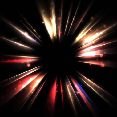 Işık huzmeleri ve parlayan parçacıkların kesiştiği güzel bir zemin. Canlı renkli ışıkların duvar kâğıdı. Parlak ışık görüntüsü.