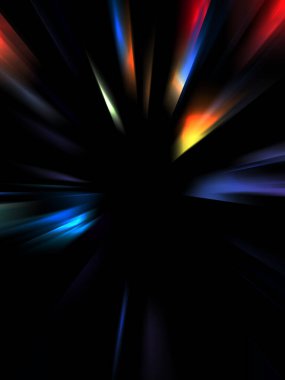 Siyah arkaplanda izole edilmiş dinamik ışık ışınları. Parlayan renkli ışık parçacıklarının grafiksel 2d çizimi.