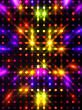 Parlayan ışıklar siyah arka planda parti izleri. Sahne veya stadyum ışıklarının dijital illüstrasyonu. Parlak desenli duvar kağıdı. Sahne ışıkları ile renkli ışıkların ihtişamlı arkaplanı.