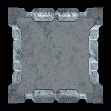 Gelecekçi tasarım şablonu. Metal paslı tabak menüsü. Teknoloji afişi beyaz arkaplanda izole edildi. Bilim kurgu elemanı grafiği. Metalik paslanmış 3 boyutlu illüstrasyon.  