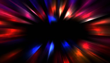 Siyah arkaplanda izole edilmiş dinamik ışık ışınları. Parlayan renkli ışık parçacıklarının grafiksel 2d çizimi.