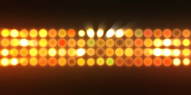 Parlak desenli duvar kağıdı. Sahne ışıkları olan renkli ışıkların ihtişamlı arkaplanı. Parlayan ışıklar siyah arka planda parti izleri. Sahne veya stadyum ışıklarının dijital illüstrasyonu. 